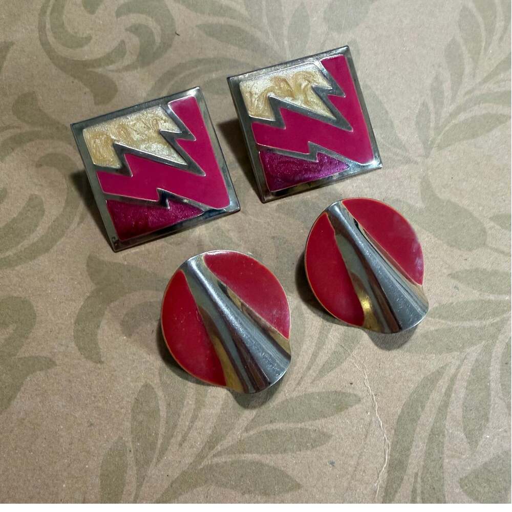Vintage Geometric Statement Earrings Lot of 2 Pairs Red Magenta Silver Tone